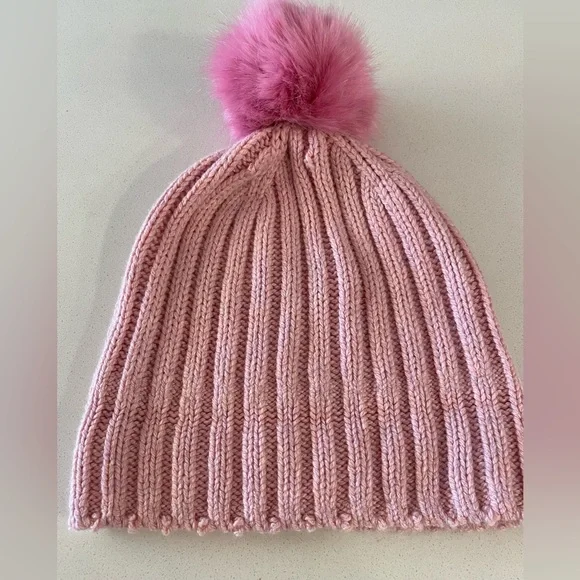 J. Crew Cashmere Blend Light Pink Knit Beanie with Faux Pom-Pom